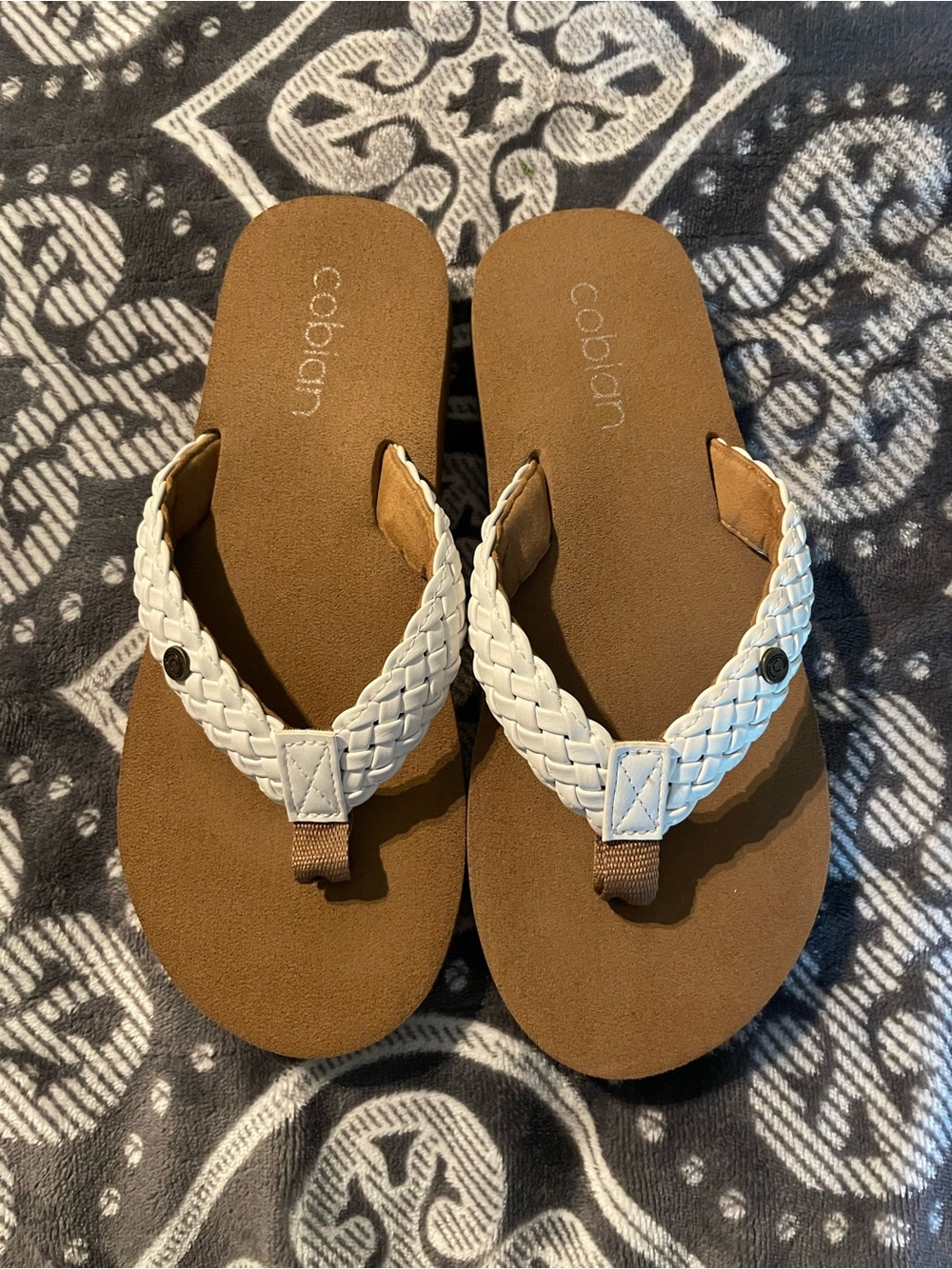 Cobian Women’s White Braided Thong Sandals with Brown Footbed